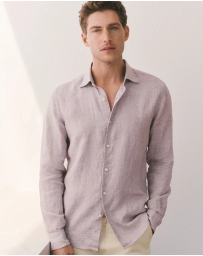 Trenery - Tailored Fit Yarn Dyed Linen Textured Shirt in Faded Violet