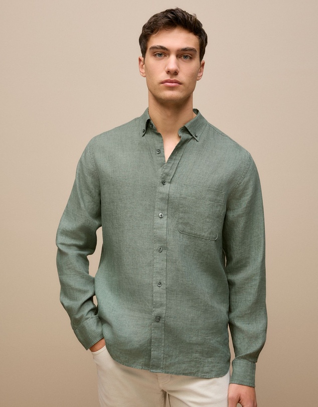 Trenery - Regular Fit Delave Linen Long Sleeve Shirt in Evergreen