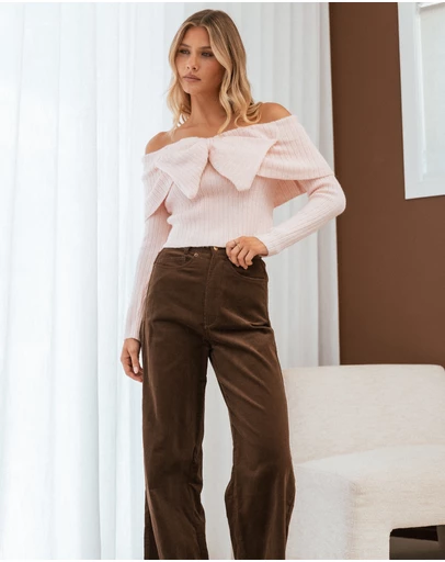 Petal & Pup - Helene Bow Off Shoulder Knit Sweater - Pink