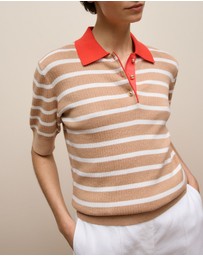 Trenery - Cotton Cashmere Stripe Rib Knit Polo in Light Camel