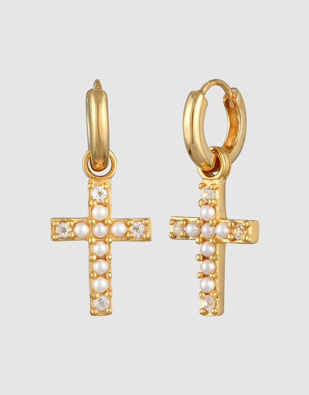 Haze & Glory - ICONIC EXCLUSIVE - Earrings Pearl Cross Gold Hoop in 925 Sterling Silver Gold Plated
