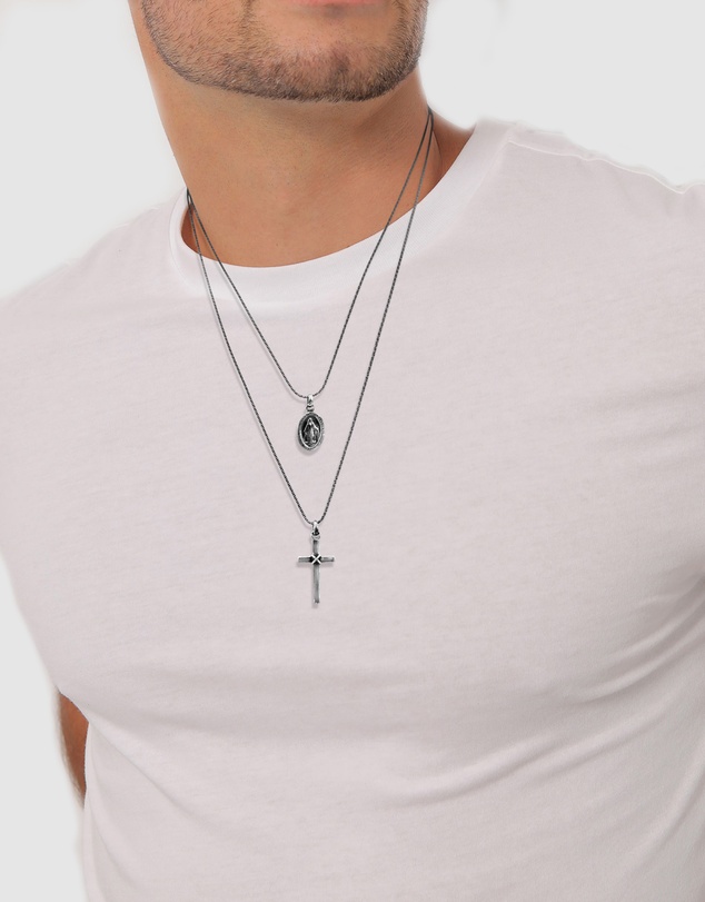 Kuzzoi - ICONIC EXCLUSIVE - Layered Necklace with Cross Pendant in Oxidised 925 Sterling Silver