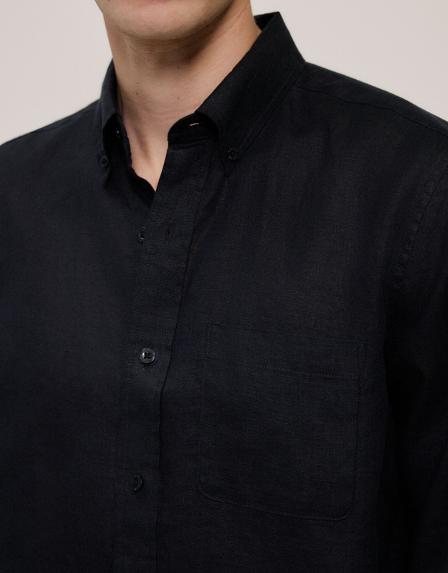Trenery - Regular Fit Linen Classic Long Sleeve Shirt in Black