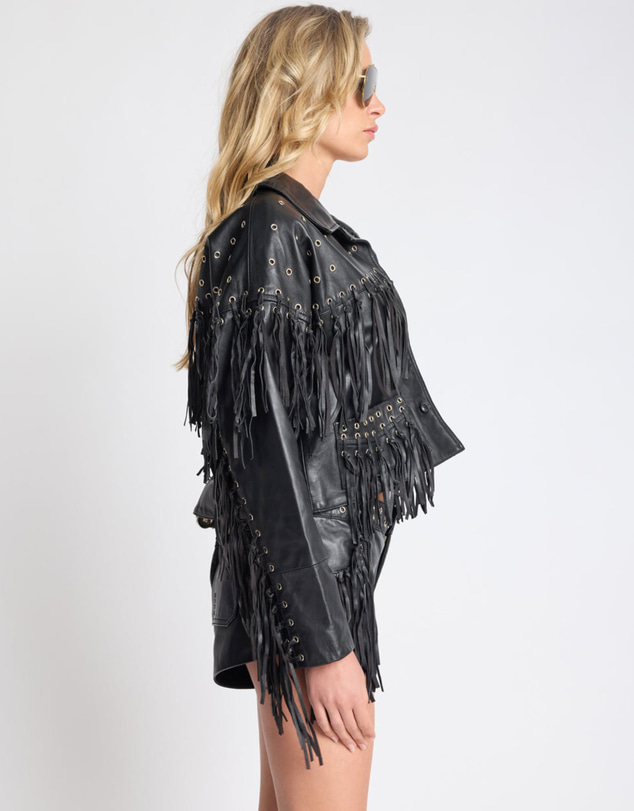 ONE TEASPOON - Rogue Rodeo Fringed Cropped Leather Jacket - Black