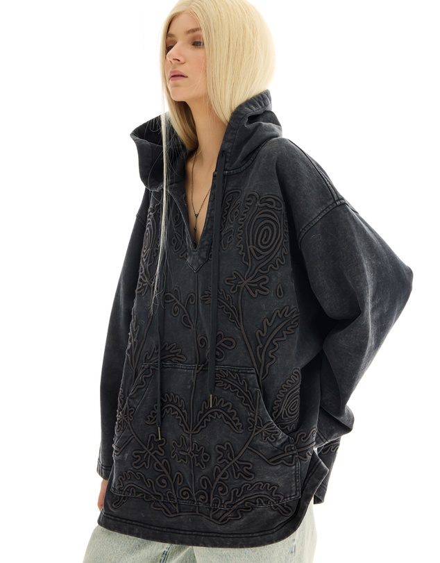 THE TALES - Textured Flower Embroidered Hoodie Jacket