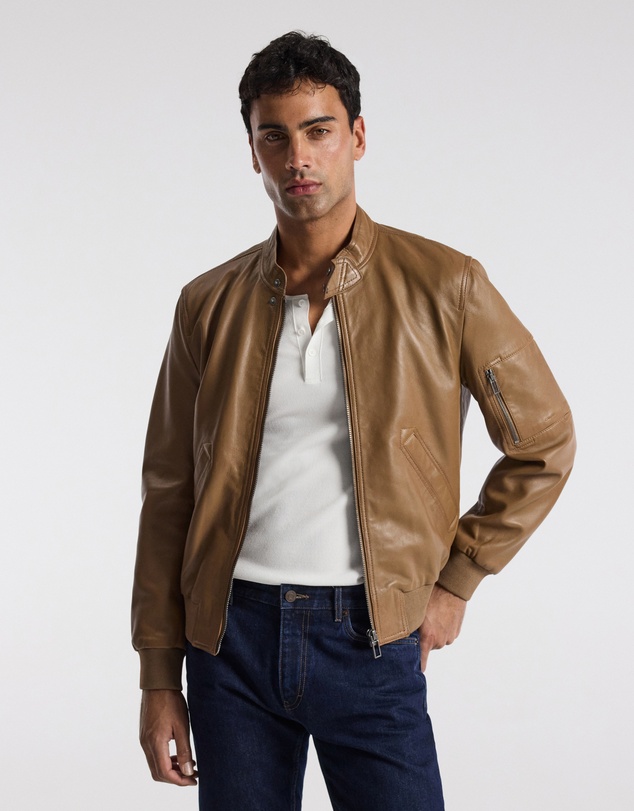 Calibre - Stand Collar Leather Bomber Jacket Camel