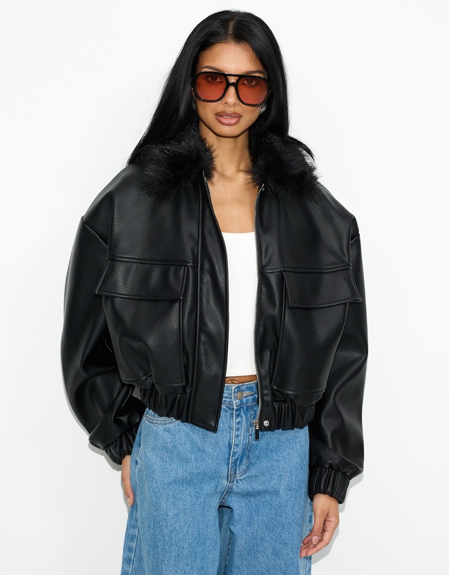 Dazie - Harley PU Bomber With Detachable Faux Fur Collar