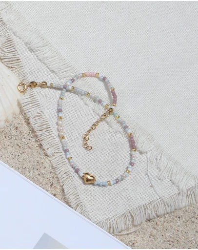 Elli Jewelry - Anklet Heart Glass Beads Summer Style in 925 Sterling Silver Gold Plated