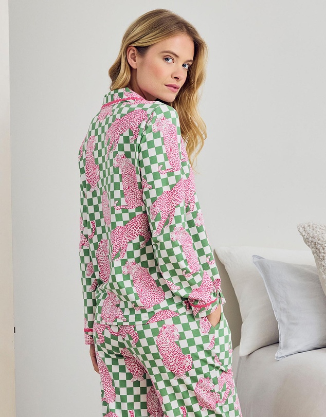 Chelsea Peers - Organic Cotton Leopard Checkerboard Long Pyjama Set