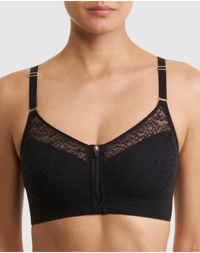 Natori - Pretty Smooth Zip Front Pocketed Post-Surgery Bra With Cotton & Lace
