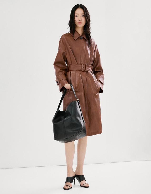 M.N.G - Long Faux-Leather Trench Coat With Belt