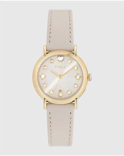 Furla - Easy Shape Yellow Gold-Tone Grey Leather Strap Watch