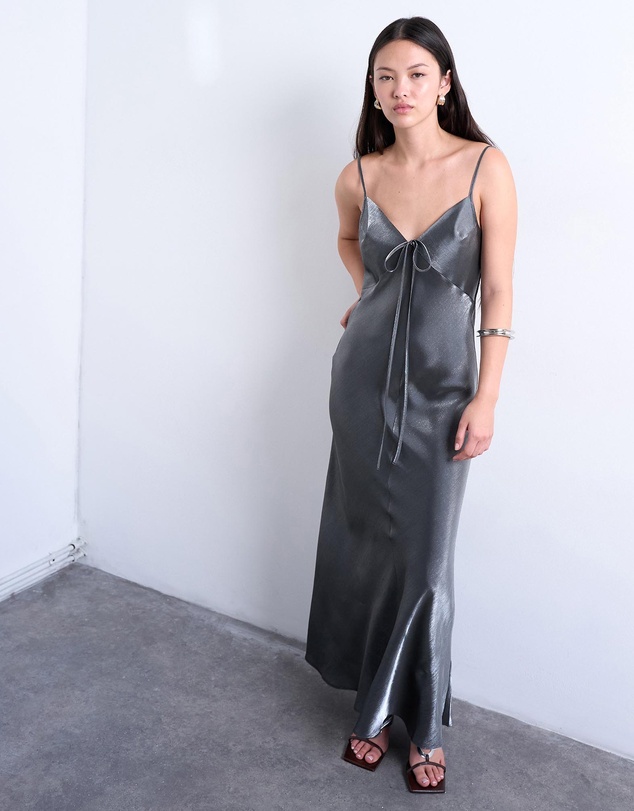 TOPSHOP - Halter Tie Neck Liquid Metallic Maxi Slip Dress