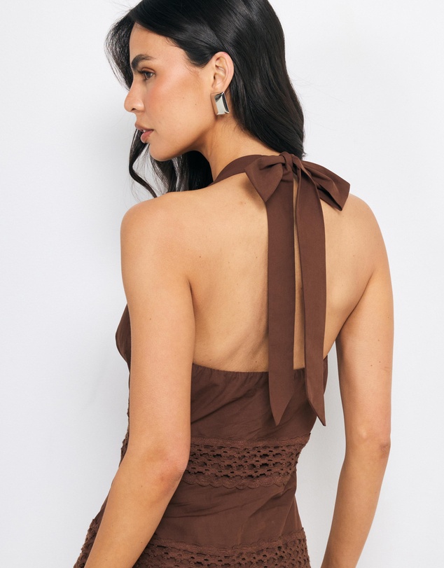 AERE - Evi Crochet Panel Halter Midi Dress