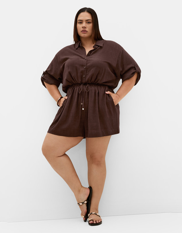 City Chic - Plus size Taranto Button Up Playsuit - chocolate