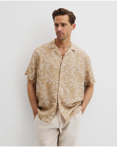 Country Road - Tencel Linen Palm Print Short Sleeve Shirt