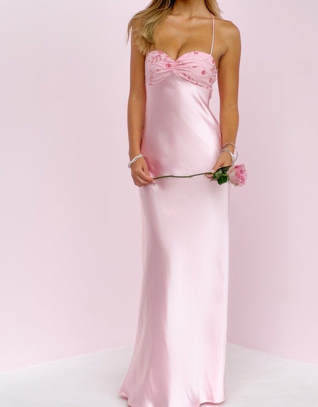 Beginning Boutique - Chilli Pink Beaded Bust Satin Maxi Dress