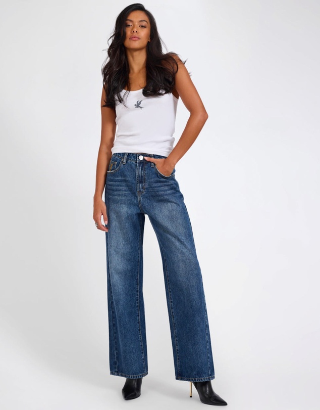 ONE TEASPOON - Baxters Mid Waist Wide Leg Denim Jeans - Blue Love