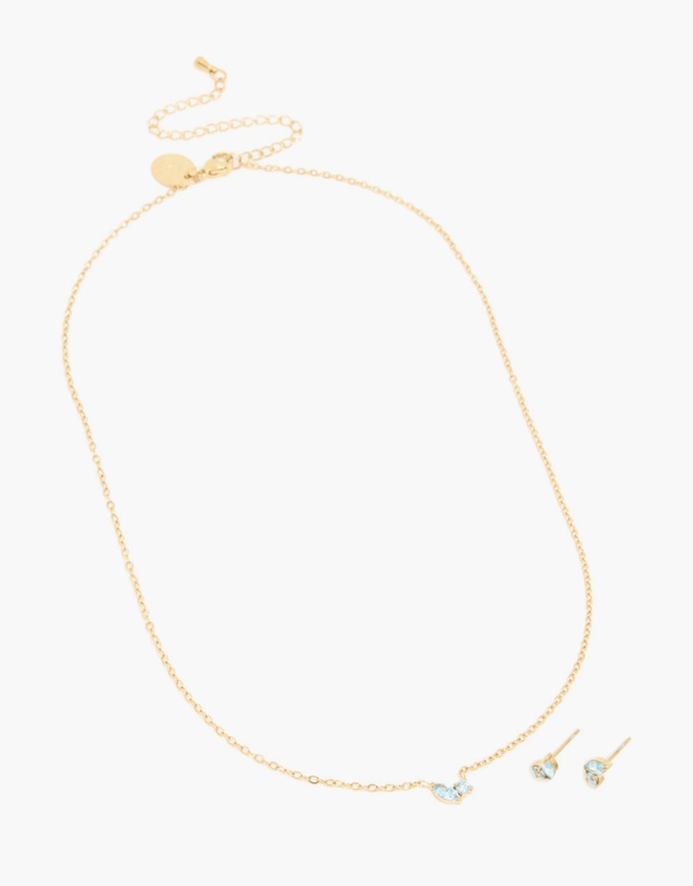 Lovisa - Waterproof Gold Plated Stainless Steel March Blue Cubic Zirconia Birthstone Necklace & Earrings Set