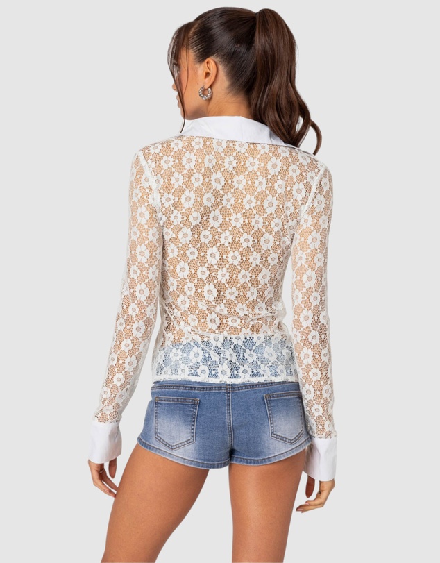 EDIKTED - Cecilia Sheer Lace Button Up Shirt