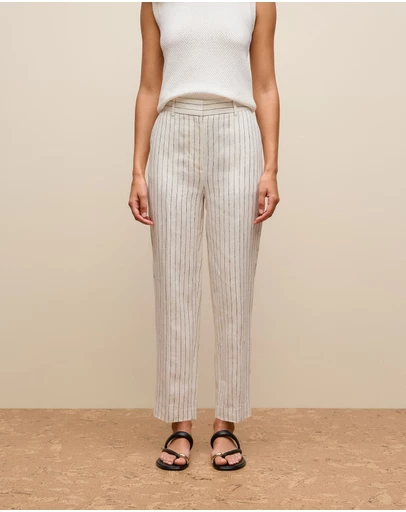 Trenery - Linen Pinstripe Straight Leg Pant in White