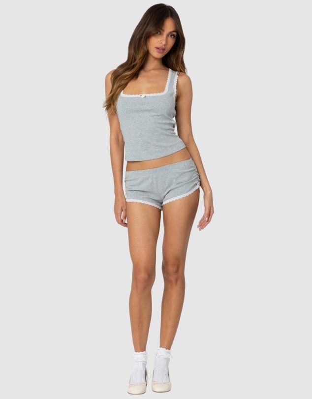 EDIKTED - Kadence Ruched Lace Trim Shorts