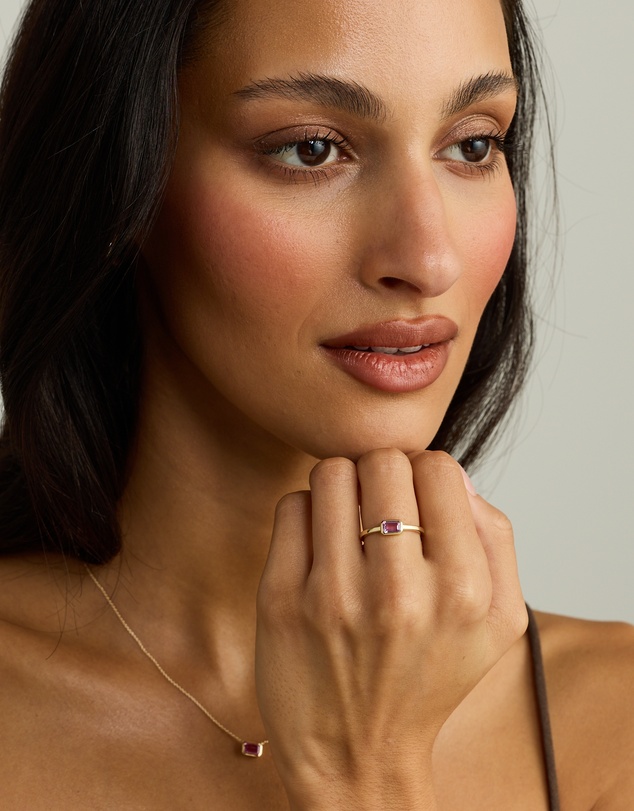 Michael Hill - Emerald Cut Pink Created Sapphire East-to-West Set Bezel Ring in 10kt Yellow Gold