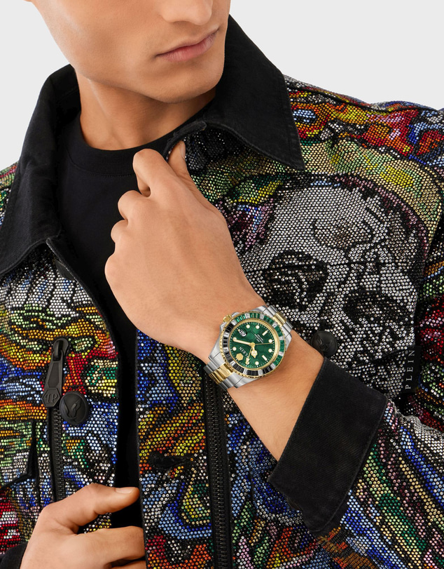 Philipp Plein - Gmt-I Challenger Two-Tone 44mm Green Dial with Baguettes-cut Crystals