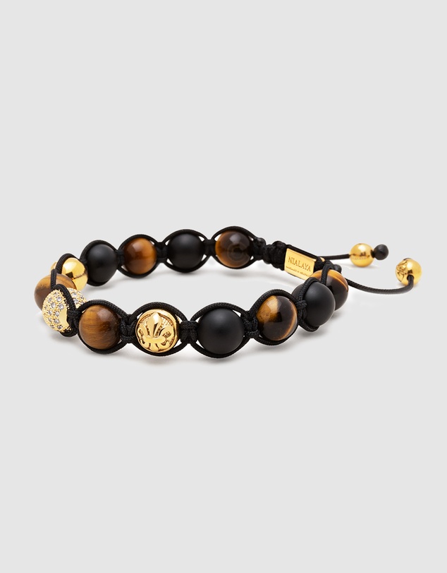 Nialaya Jewellery - Men's Beaded Bracelet with Gold, CZ Diamond, Matte Onyx, and Brown Tiger Eye