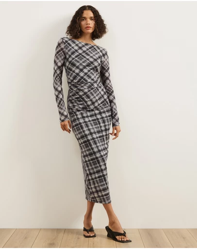 Atmos&Here - Ada Check Printed Mesh Long Sleeve Dress