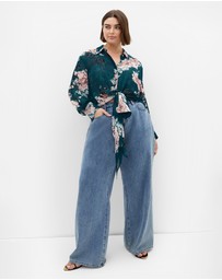 City Chic - Plus size Janine Blossom Print Tie Front Shirt - jade