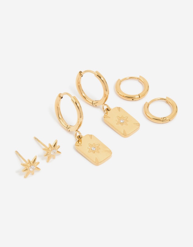 Lovisa - Waterproof Gold Plated Stainless Steel Cubic Zirconia Star Disc & Huggie Earrings 3-Pack
