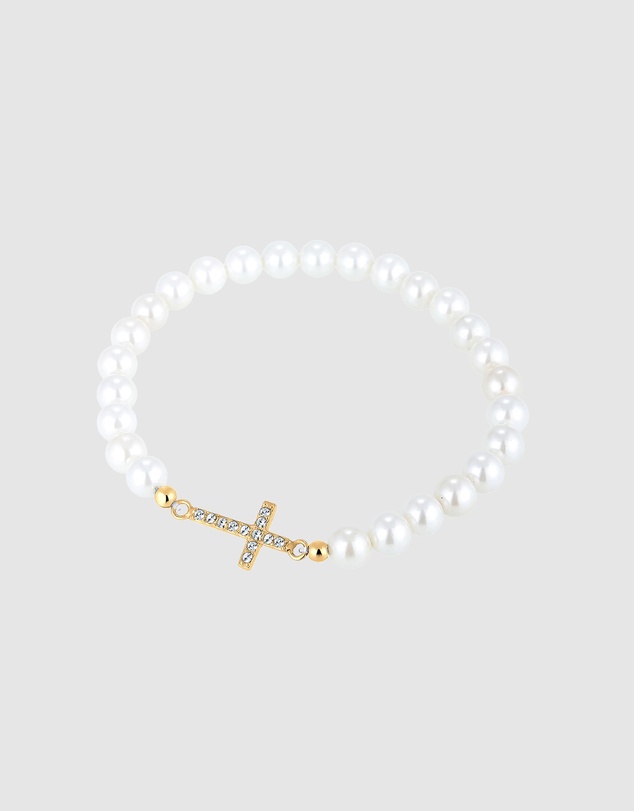 Elli Jewelry - Bracelet with Pearls Cross Crystals 925 Sterling Silver Gold-plated