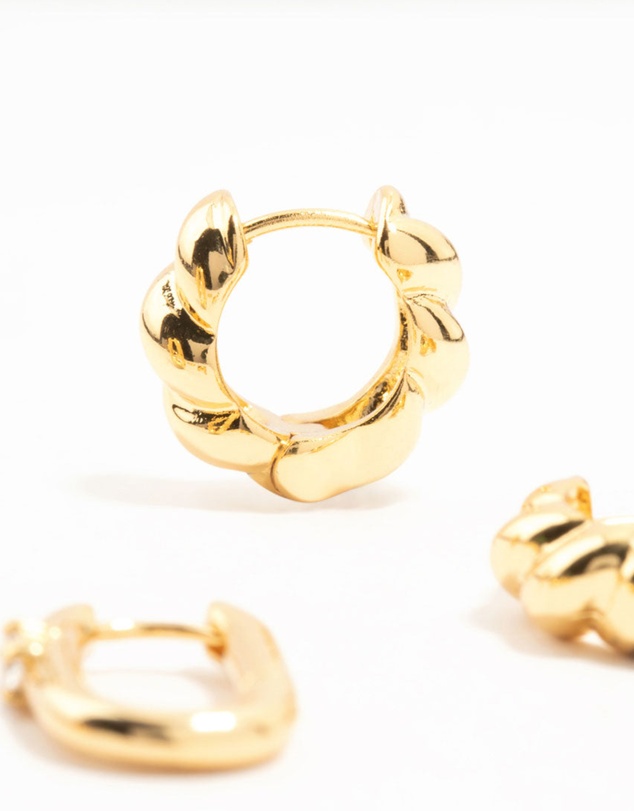 Lovisa - Gold Plated Brass Rope & Pave Cubic Zirconia Hoop Earrings 3-Pack