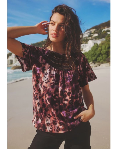 NEXT - Short Sleeve Crochet Bubblehem Top