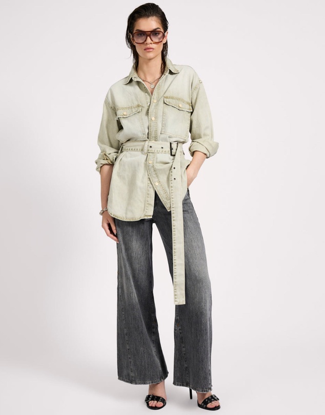 ONE TEASPOON - Belted Longline Denim Shirt - Antique Khaki