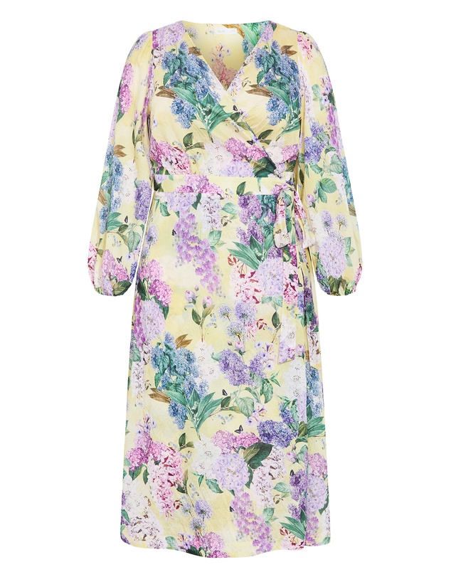 City Chic - Plus size Anastasia Hydrangea Print Wrap Maxi Dress - lemon