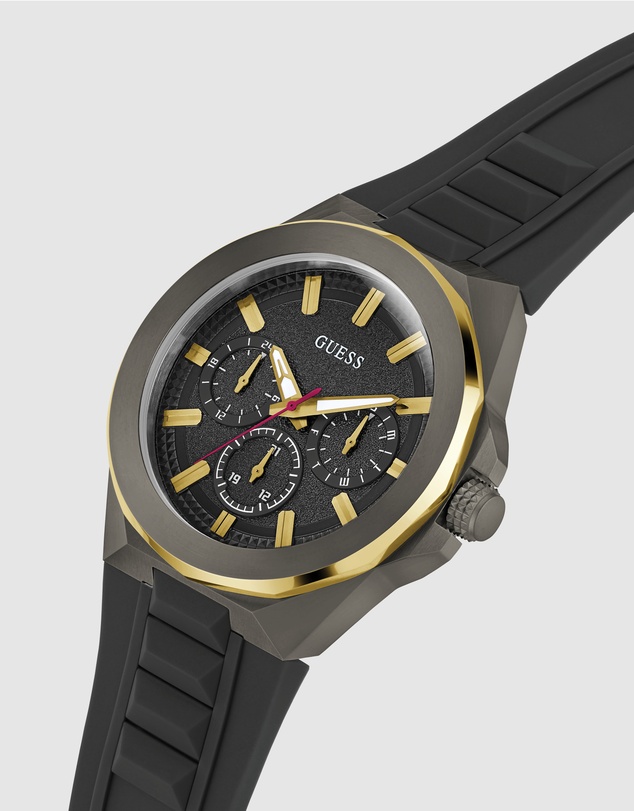 GUESS - Multifunction Gold-Tone 46mm Black Dial and Silicone Strap Men's Watch