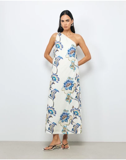 AERE - Mara Linen One Shoulder Midi Dress