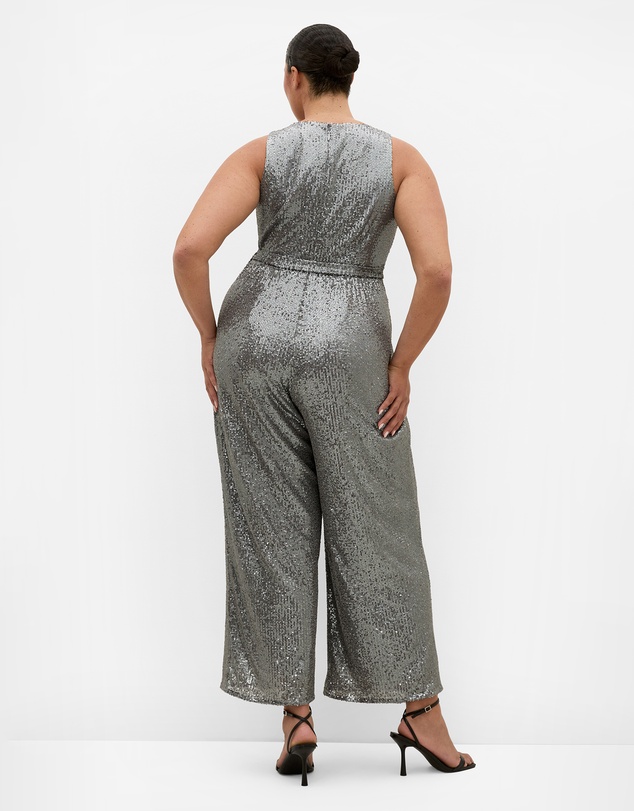 City Chic - Plus size Dazzling Sequin Wide Leg Jumpsuit - gunmetal