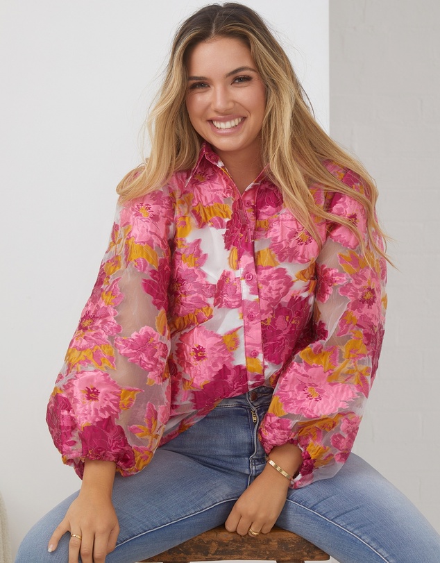 Esther & Co - Janette Shirt - Pink and White Floral