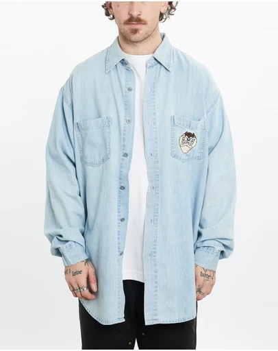 Vintage by The Real Deal - Pre Loved - 1995 Looney Tunes Taz Devil Denim Button Up Shirt