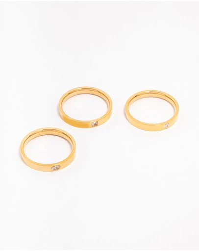 Lovisa - Waterproof Gold Plated Stainless Steel Cubic Zirconia Stacking Rings 3-Pack