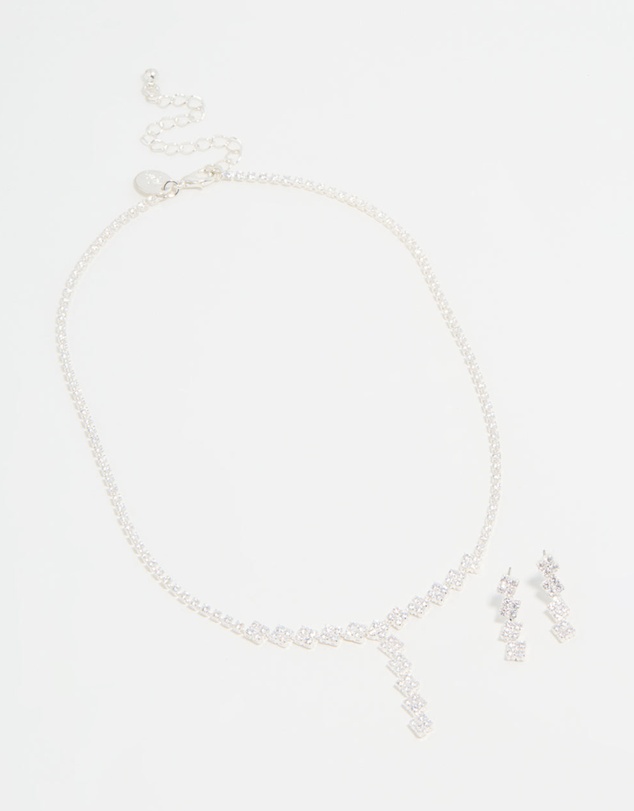 Lovisa - Silver Plated Cubic Zirconia Diamond Shaped Necklace & Earrings Set