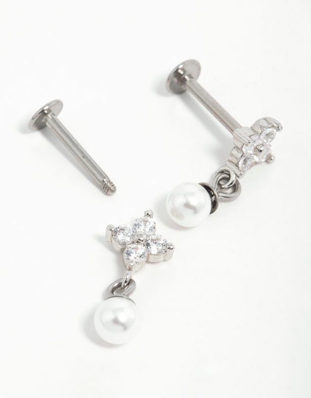 Lovisa - Surgical Steel Pearl Cubic Zirconia Flower Flat Back Earrings