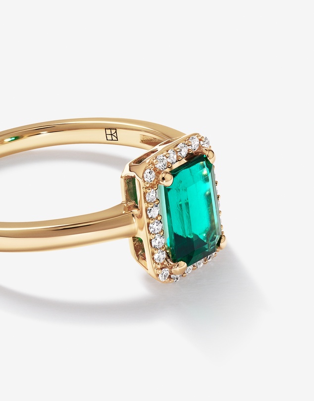 Michael Hill - Emerald Cut Green Created Emerald Gemstone and Diamond Halo Ring in 10kt Yellow Gold