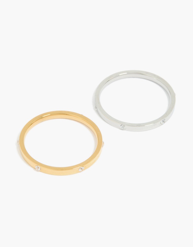 Lovisa - Waterproof Mixed Metals Plated Stainless Steel Skinny Cubic Zirconia Dot Rings 2-Pack