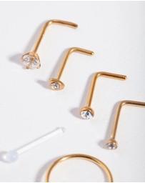 Lovisa - Gold Surgical Steel Mixed Diamante Nose Stud 6-Pack