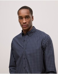 Trenery - Regular Fit Poplin Grid Long Sleeve Shirt in Navy