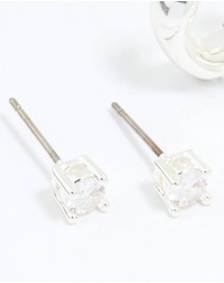 Lovisa - Silver Plated Brass Cubic Zirconia Baguette Hoops & Stud Earrings 4-Pack